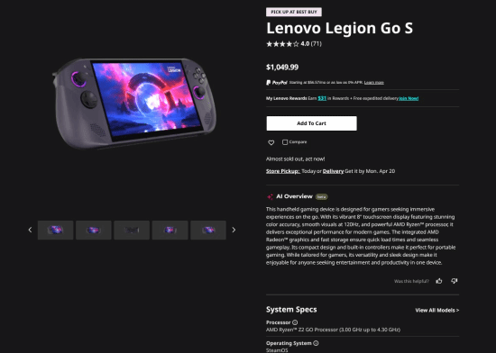 高配版更划算，联想Legion Go S掌机基础款暴涨近三千元